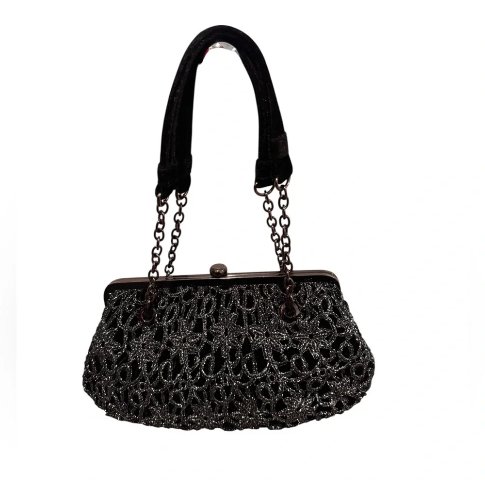 ADRIANNA PAPELL Black Velvet Lace Evening Bag
